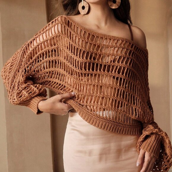 Coffee Brown Casual Women's Crochet Milleraie Sweater - Picture 6 of 8